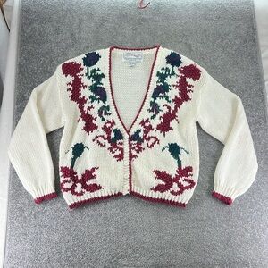 Vintage Nuggets Long Sleeve Knit Sweater Cream Red Green Floral Womens L Button